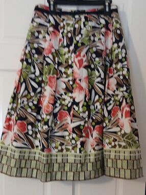 Vtg Talbots Floral A-Line Midi Skirt in Black and Coral And Green And Brown.
